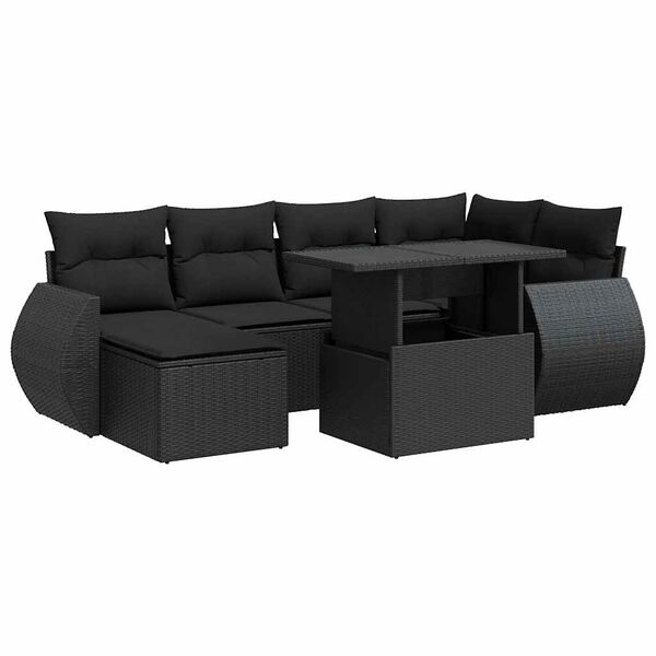 vidaXL 7 pcs conjunto de sof&aacute;s p/ jardim c/ almofad&otilde;es vime PE preto