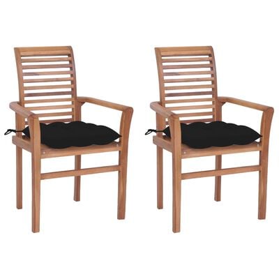 vidaXL Cadeiras de jantar c/ almofadões pretos 2 pcs teca maciça