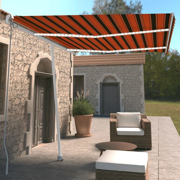 vidaXL Toldo retr&aacute;til manual com LED 350x250 cm laranja e castanho