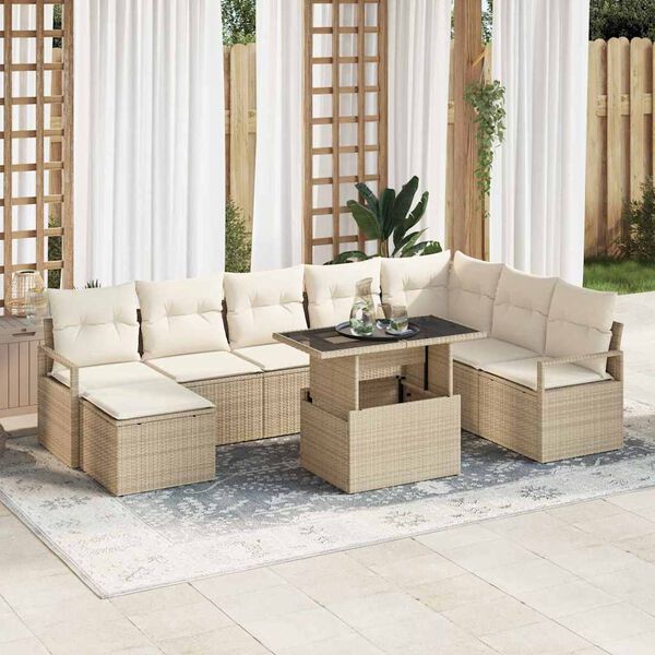 vidaXL Conjunto de Sof&aacute; de Jardim 9 pcs Bege Rattan Sint&eacute;tico
