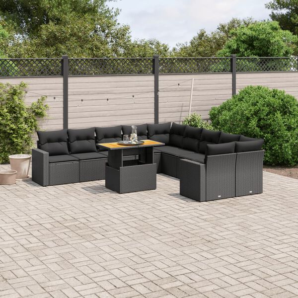 vidaXL 11 pcs conjunto sof&aacute;s de jardim c/ almofad&otilde;es vime PE preto