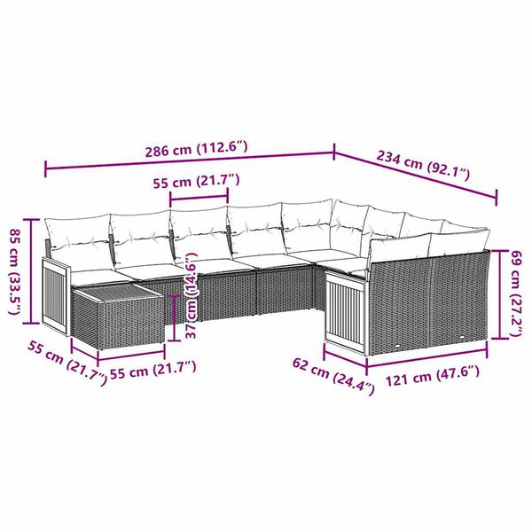 vidaXL 10 pcs conjunto sof&aacute;s de jardim c/ almofad&otilde;es vime PE preto