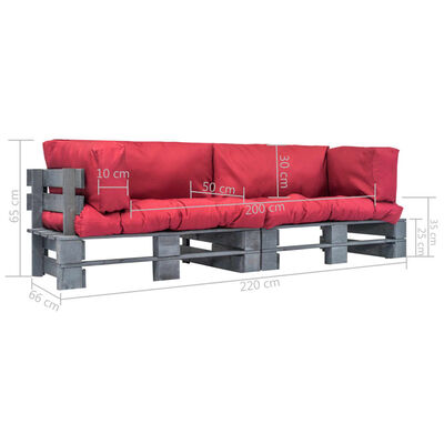 vidaXL Conj. sofá de paletes 2 pcs com almofadões vermelhos pinho