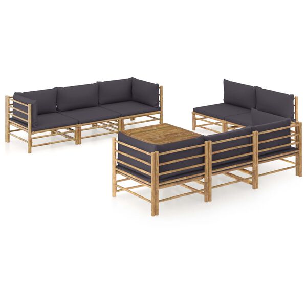 vidaXL 9 pcs conj. lounge jardim em bambu c/ almofadões cinza-escuro