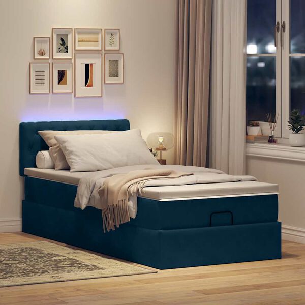 vidaXL Cama otomana com colch&atilde;o & LEDs 80x200cm veludo azul-escuro