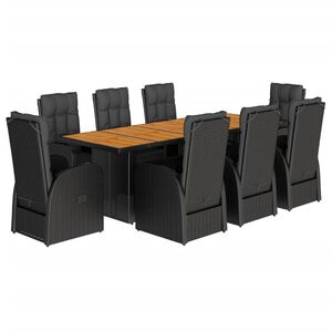vidaXL 9 pcs conjunto de jantar p/ jardim c/ almofad&otilde;es vime PE preto