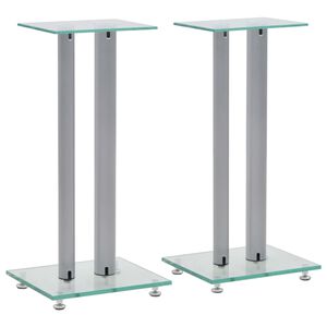vidaXL Suportes colunas 2pcs vidro temperado design 2 pilares prateado
