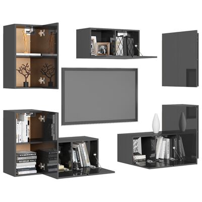 vidaXL 7 pcs conjunto de móveis de TV contraplacado cinzento brilhante