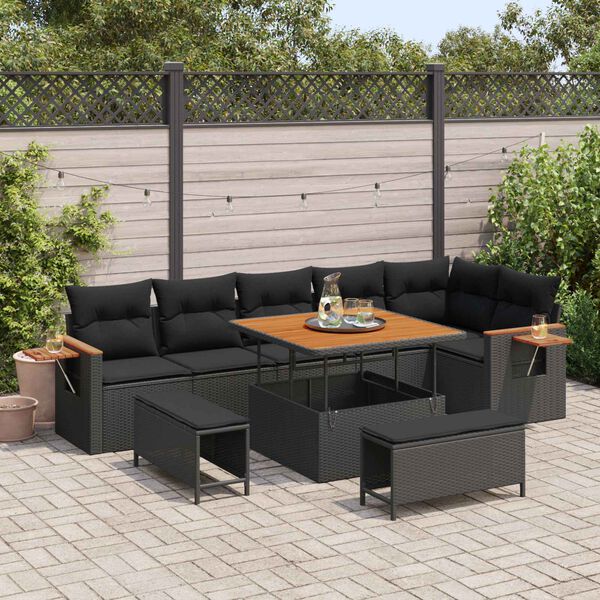 vidaXL Conjunto de Sof&aacute; de Jardim com almofada 9 pcs Preto