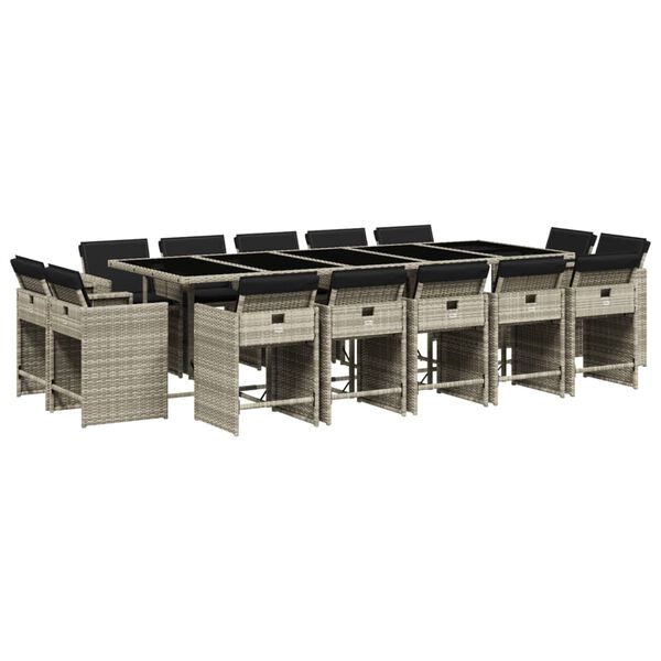 vidaXL 15 pcs conj. jantar jardim c/ almofad&otilde;es vime PE cinzento-claro