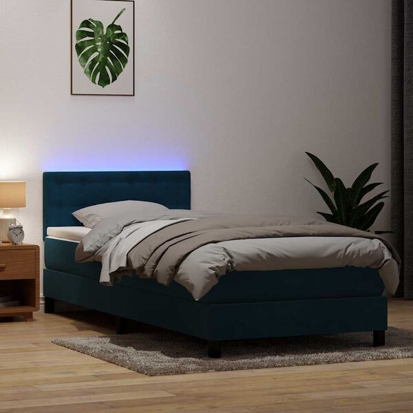 vidaXL Cama box spring c/ colch&atilde;o e LED azul-escuro 80x210 cm veludo