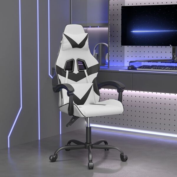 vidaXL Cadeira gaming girat&oacute;ria couro artificial branco e preto
