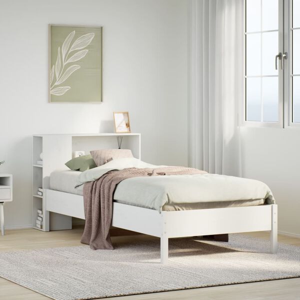 vidaXL Cama com estante sem colchão 90x200 cm pinho maciço branco