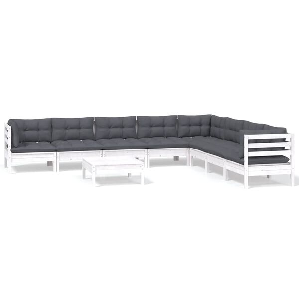 vidaXL 9 pcs conj. lounge de jardim c/ almofad&otilde;es pinho maci&ccedil;o branco
