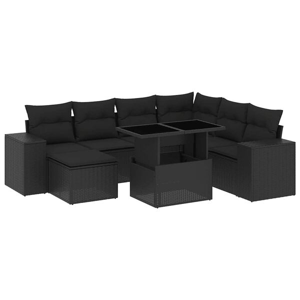vidaXL 8 pcs conjunto sof&aacute;s de jardim com almofad&otilde;es vime PE preto