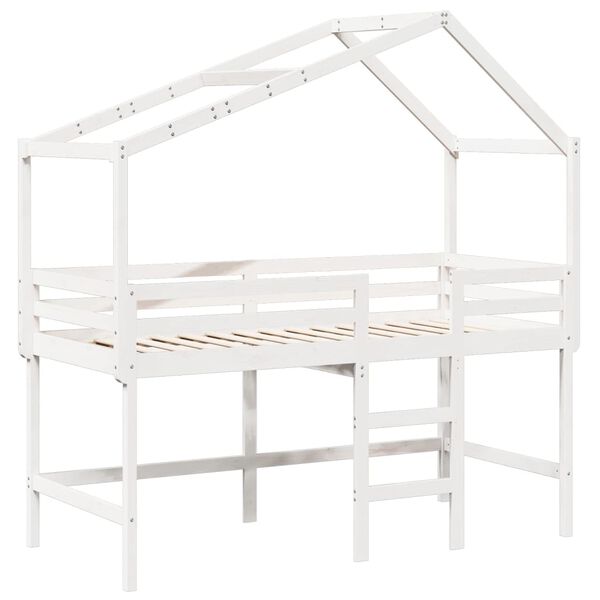 vidaXL Cama alta c/ escada e telhado 90x190 cm pinho maci&ccedil;o branco
