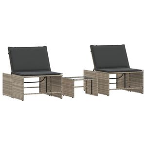 vidaXL Espreguiçadeiras modulares com mesa 2 pcs vime PE cinzento-claro