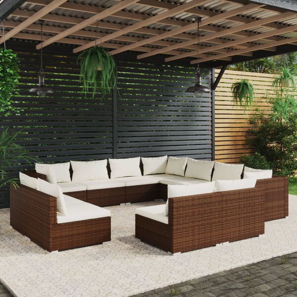 vidaXL 11 pcs conjunto lounge de jardim c/ almofad&otilde;es vime PE castanho