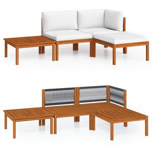 vidaXL Conjunto de lounge de jardim vidaXL com 4 peças e almofadas em madeira de acácia creme e corda