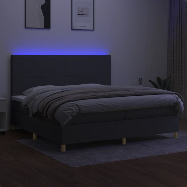 vidaXL Cama box spring c/ colch&atilde;o e LED 200x200 cm tecido cinza-escuro