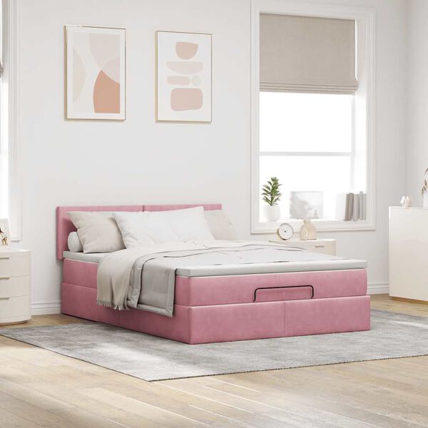 vidaXL Estrutura de cama otomana com colch&atilde;o 140x190 cm veludo rosa