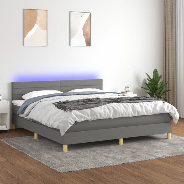 vidaXL Cama box spring c/ colch&atilde;o e LED 180x200 cm tecido cinza-escuro