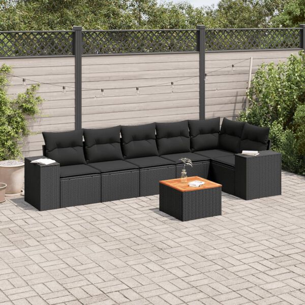 vidaXL 7 pcs conjunto de sof&aacute;s p/ jardim c/ almofad&otilde;es vime PE preto