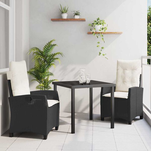 vidaXL Conjunto de Jantar para Jardim com almofada 3 pcs Preto vime PE