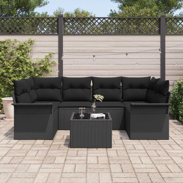 vidaXL Conjunto de Sof&aacute; de Jardim 7 pcs Preto Rattan e A&ccedil;o e Vidro