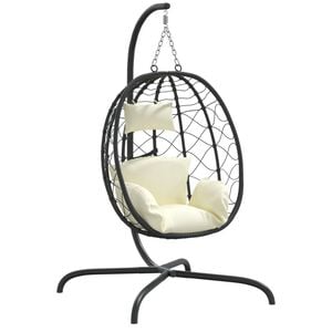 vidaXL Cadeira suspensa Egg com almofada, vime sint&eacute;tico branco creme e a&ccedil;o