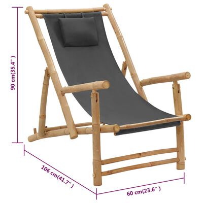 vidaXL Cadeira de terraço de bambu e lona cinzento-escuro