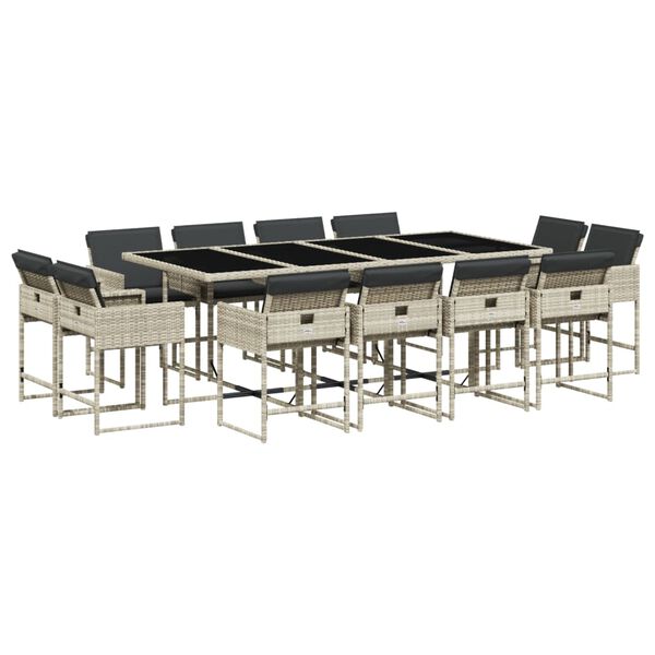 vidaXL 13 pcs conj. jantar jardim c/ almofad&otilde;es vime PE cinzento-claro