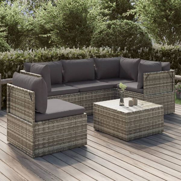 vidaXL 6 pcs conjunto lounge de jardim c/ almofad&otilde;es vime PE cinzento