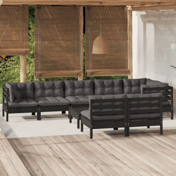 vidaXL 9 pcs conjunto lounge jardim c/ almofad&otilde;es pinho maci&ccedil;o preto