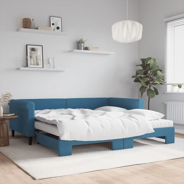 vidaXL Sofá-cama com gavetão e colchões 100x200 cm veludo azul