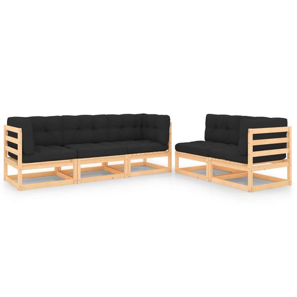 vidaXL 5 pcs conjunto lounge de jardim c/ almofadões pinho maciço