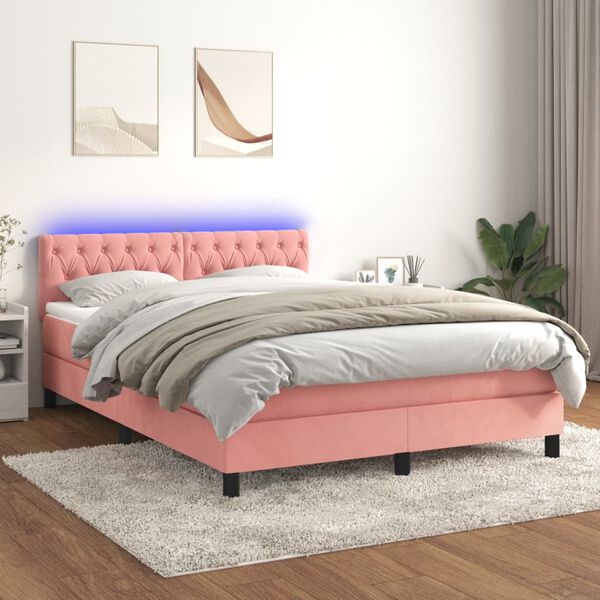 vidaXL Cama box spring c/ colch&atilde;o/LED 140x200 cm veludo rosa
