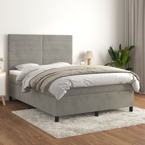vidaXL Cama com molas/colch&atilde;o 140x190 cm veludo cinzento-claro