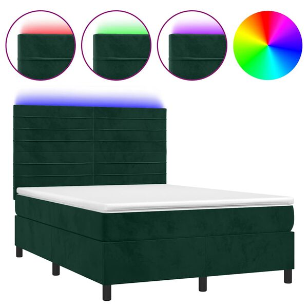vidaXL Cama box spring c/ colch&atilde;o/LED 140x200 cm veludo verde-escuro