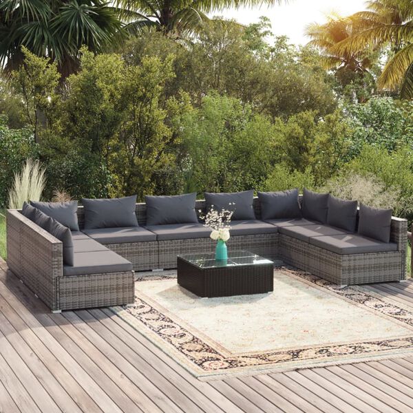 vidaXL 10 pcs conjunto lounge de jardim c/ almofad&otilde;es vime PE cinzento