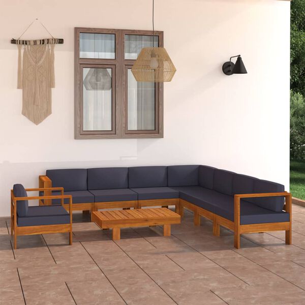 vidaXL 9 pcs conj. lounge de jardim c/ almofadões cinza-escuro acácia
