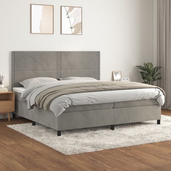 vidaXL Cama com molas/colch&atilde;o 200x200 cm veludo cinzento-claro
