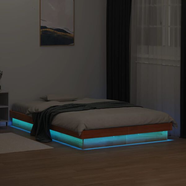 vidaXL Estrutura de cama c/ LEDs 140x190 cm pinho maciço castanho mel