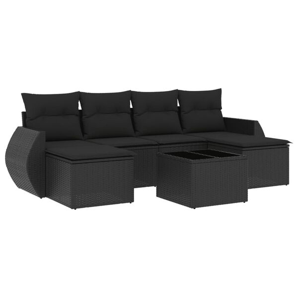 vidaXL 7 pcs conjunto de sof&aacute;s p/ jardim c/ almofad&otilde;es vime PE preto
