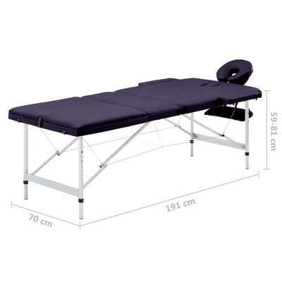 vidaXL Mesa de massagens dobrável 3 zonas alumínio roxo