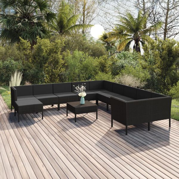 vidaXL 12 pcs conjunto lounge de jardim c/ almofad&otilde;es vime PE preto
