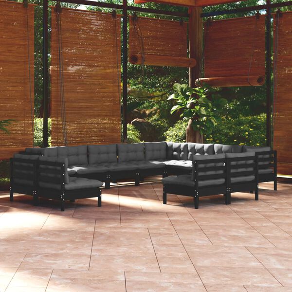 vidaXL 12 pcs conjunto lounge jardim c/ almofad&otilde;es pinho maci&ccedil;o preto