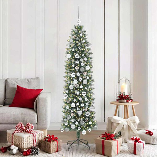 vidaXL &Aacute;rvore Slim de Natal Artificial Verde e Branco 180 cm