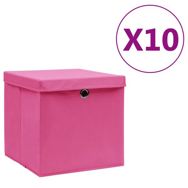 vidaXL Caixas de arrumação com tampas 10 pcs 28x28x28 cm rosa