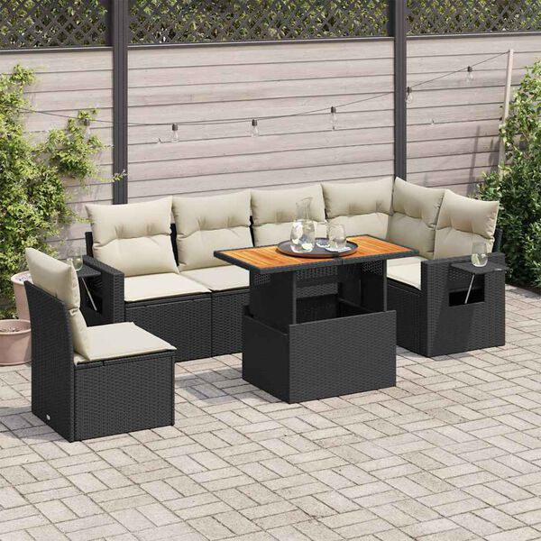vidaXL 7 pcs conjunto de sof&aacute;s p/ jardim c/ almofad&otilde;es vime PE preto